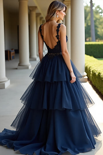 Navy A Line Spaghetti Stropper Lagdelt Blonder Lang Ballkjole
